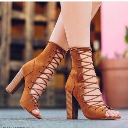 Straps Hollow Out Back Zipper High Chunky Heel..