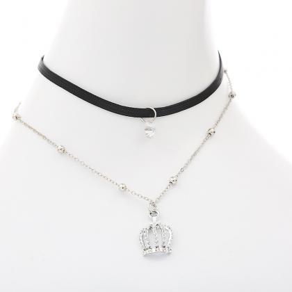 Crown Pendant Leather Strap Alloy Clavicular..