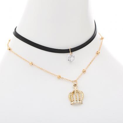 Crown Pendant Leather Strap Alloy Clavicular..