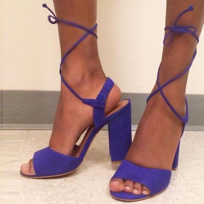 Faux Blue Suede Lace-up Block Heel Sandals