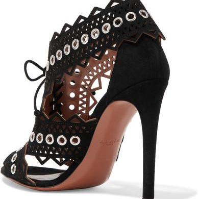 Rivets Hollow Out Open Toe Stiletto High Heel..