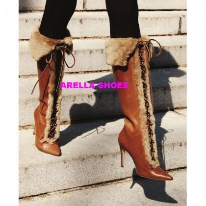 Faux Fur Pointed Toe Lace Up Stiletto High Heel..