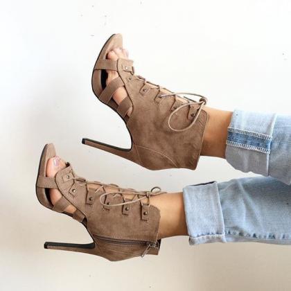 Side Zipper Lace Up Stiletto High Heel Ankle Boot..