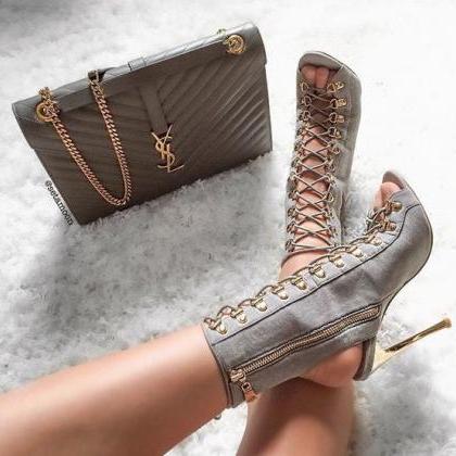 Lace Up Cut Out Side Zipper Stiletto High Heel..