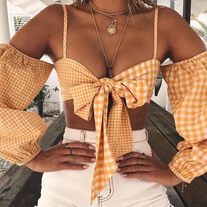 Bowknot Spaghetti Straps Long Sleeve Cold Shoulder..