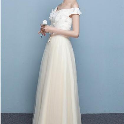 Off Shoulder Flowers Tulle Long Pleated Prom Party..