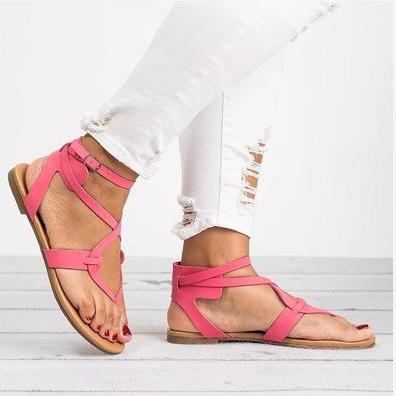 Pure Color Straps Thong Ankle Strap Women Flat..