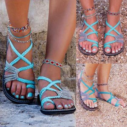 Bohemian Weave Strings Thong Pure Color Ankle..