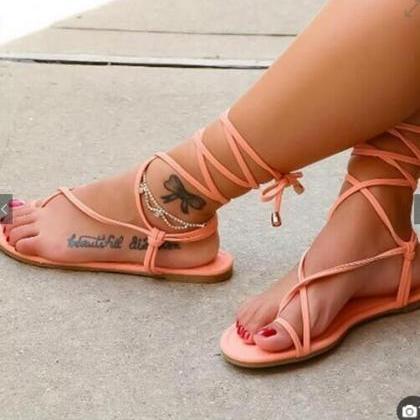 Simple Straps Thong Lace Up Women Flat Beach..