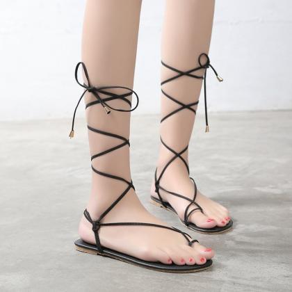 Simple Straps Thong Lace Up Women Flat Beach..