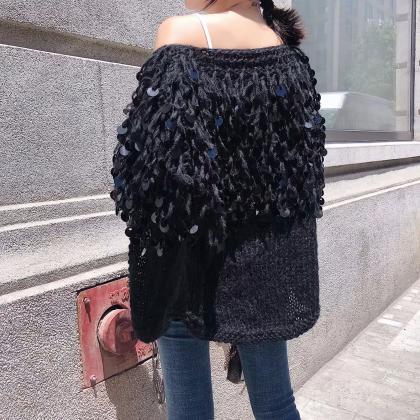 Tassels Sequins Loose Knit Women Oversized Cocoon..
