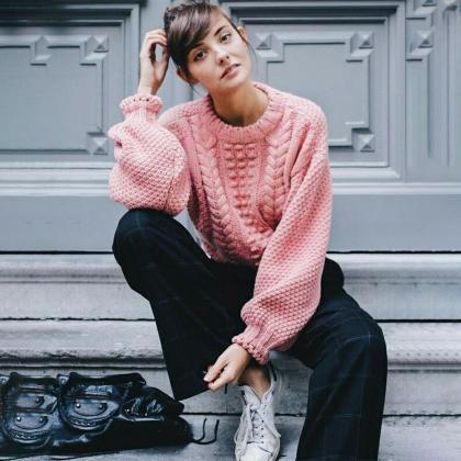 Cable Knit Scoop Long Bishop Sleeves Women Pink..