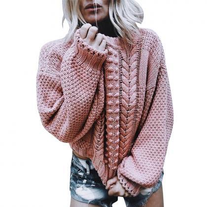 Cable Knit Scoop Long Bishop Sleeves Women Pink..