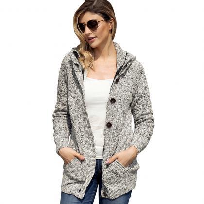 Slim Buttons Pockets Women Hooded Cocoon Long..