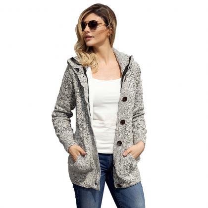 Slim Buttons Pockets Women Hooded Cocoon Long..