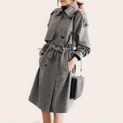 Plaid Double Breast Oversized Slim Long Coat With..