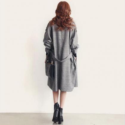 Plaid Double Breast Oversized Slim Long Coat With..