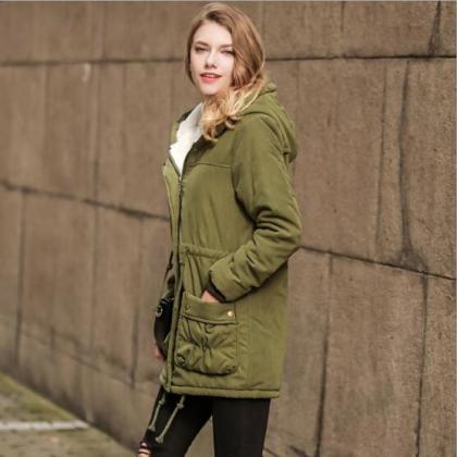 Solid Color Pockets Drawstring Women Warm Hooded..