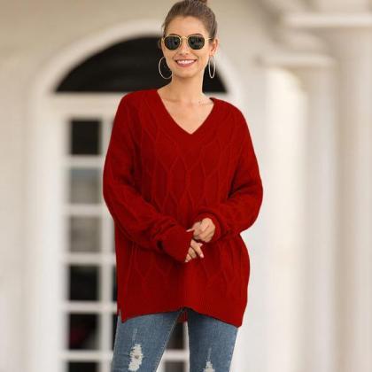 V-Neck Cable Knit Long Sleeve Women..