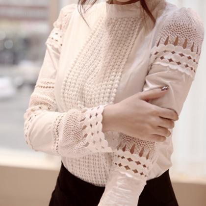 Sexy Hollow Long-sleeved White Shirt Blouse(plus..