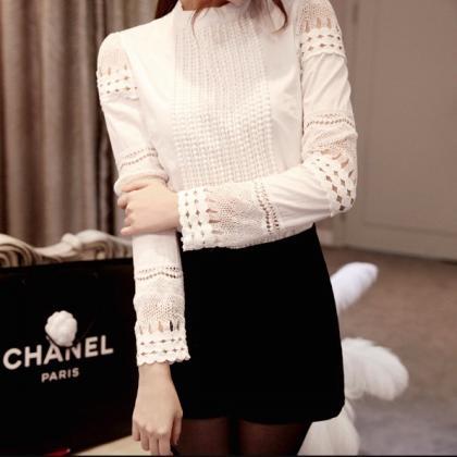 Sexy Hollow Long-sleeved White Shirt Blouse(plus..