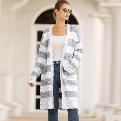 Striped Colorblock Open Front Cardigan Sweater