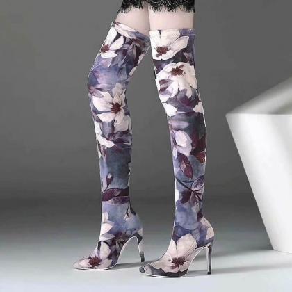 Peep Toe Lace Up Printing Thigh High Boots
