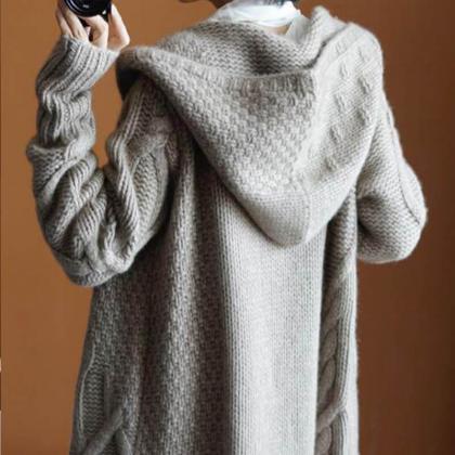 Cable Knitted Long Hooded Thick Cardigan