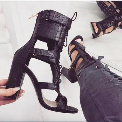Lace Up Ankle Wraps Open Toe High Chunky Heels..