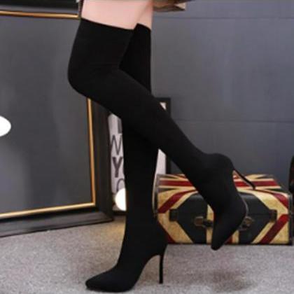 Black High Heel Pointed Toe Sock Over Knee Boots