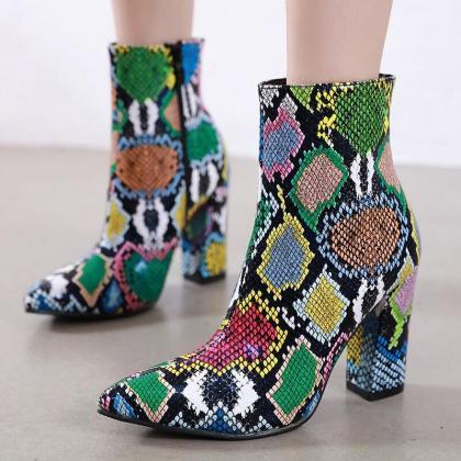 Leather Colorful Snakeskin Pointed Toe High Heel..