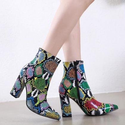Leather Colorful Snakeskin Pointed Toe High Heel..