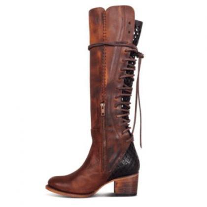 Lace Up Round Toe Block Heel Knee High Boots
