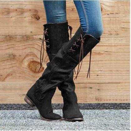 Leather Lace Up Low Heel Knee High..