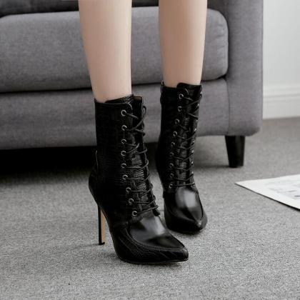 Black Lace Up High Heel Pointed Calf..