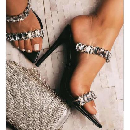 Rhinestone Leather Slip-on Pointed Toe Sandals