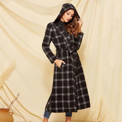 Plaid With Belt Over Wrap Coat
