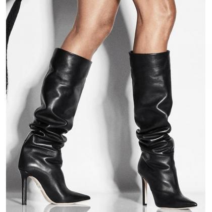 Leather High Heel Pointed Toe Knee High Boots