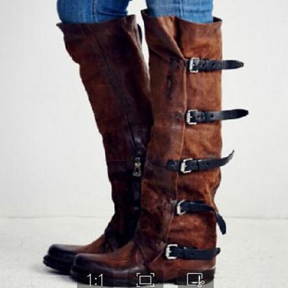 Leather Buckle Low Heel Knee High Boots