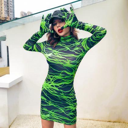 Party Green Print With Gloves Bodycon Long Sleeve..