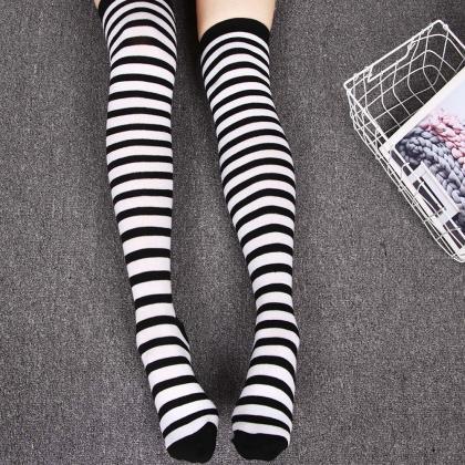 Black White Striped Long Stocking Women Warm..