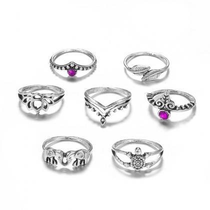 7 Pieces Women's Ring Set Retro Lotus..