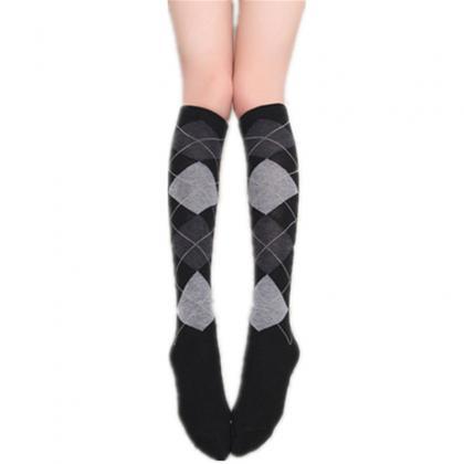 Fashion Diamond Knee Socks Casual Black Grey Plaid..