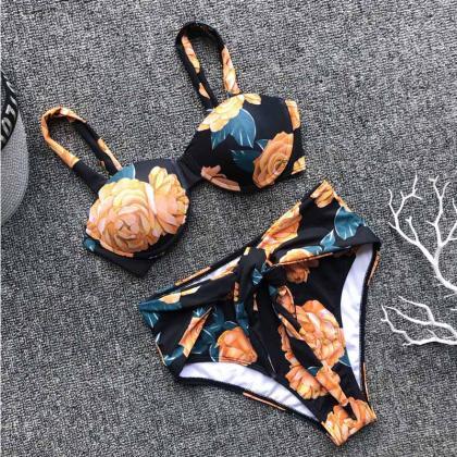 Flower Print Bandeau Padded Top Triangle Bikinis