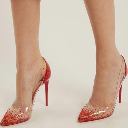 vivyee clear rhinestone pointed toe pumps