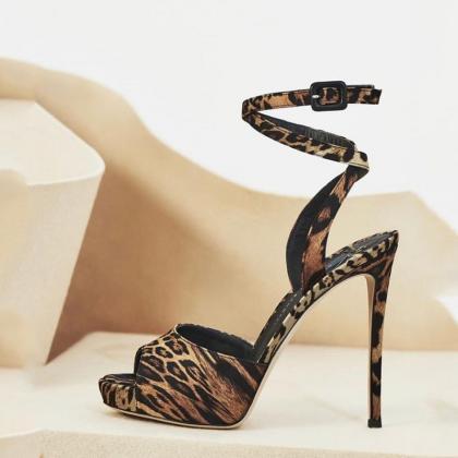 Leopard Peep Toe Buckle High Heel Sandals