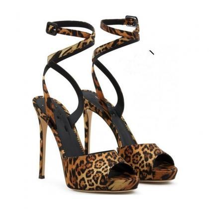 Leopard Peep Toe Buckle High Heel Sandals