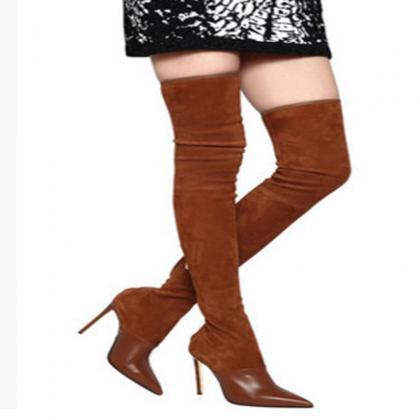 High Heel Stretch Suede Pointed Toe Thigh High..
