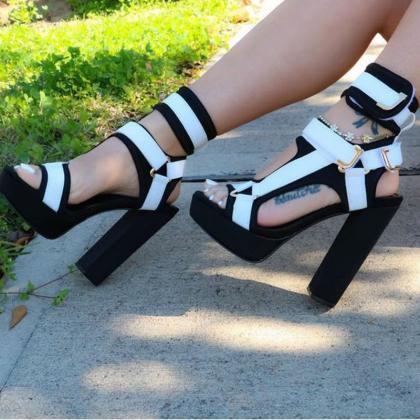 Fashion Colorblock Buckles Platform Chunky Heel..