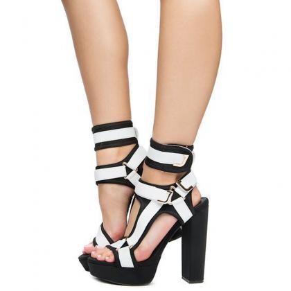 Fashion Colorblock Buckles Platform Chunky Heel..